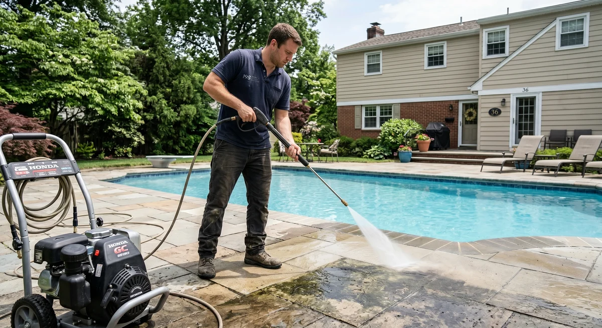 Tecnico lavando a presion una terraza junto a una piscina residencial.