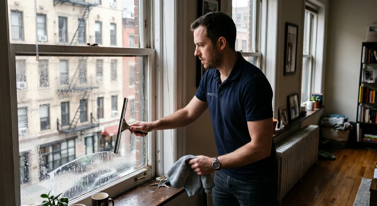 Tecnico limpiando vidrio interior de apartamento con edificios urbanos afuera.
