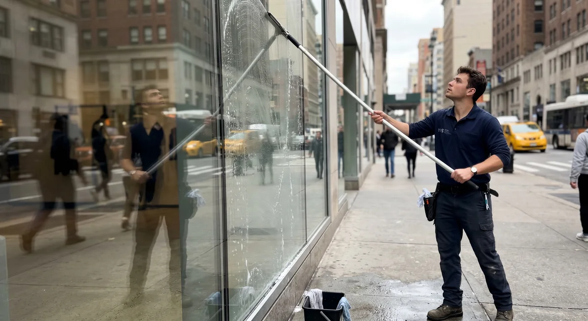 Tecnico limpiando una ventana comercial grande en una acera urbana.