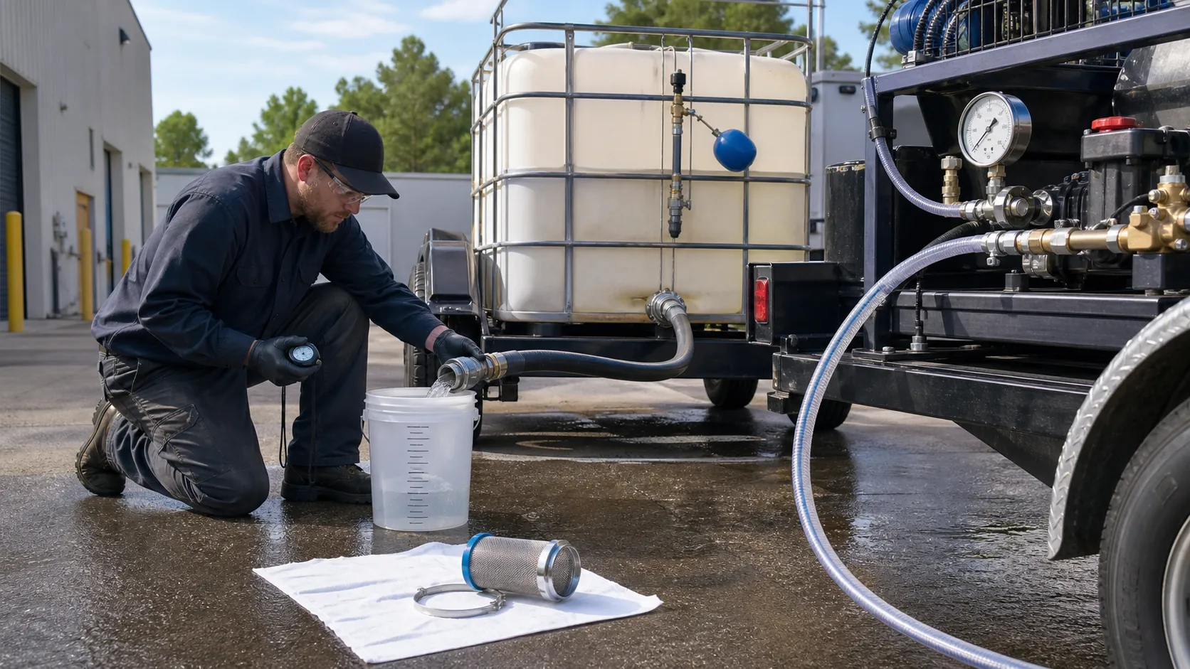 Pressure-washing crew measuring hose flow into a marked container beside an inlet filter, pressure gauge, and buffer tank