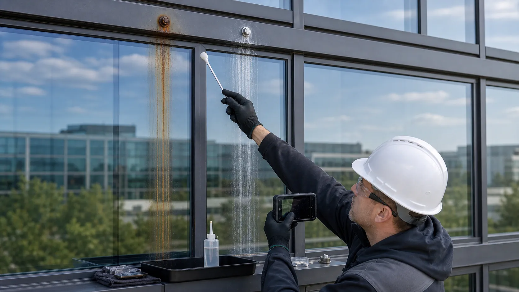 Glass technician tracing orange rust and pale oxidation streaks down window panes from metal sources above