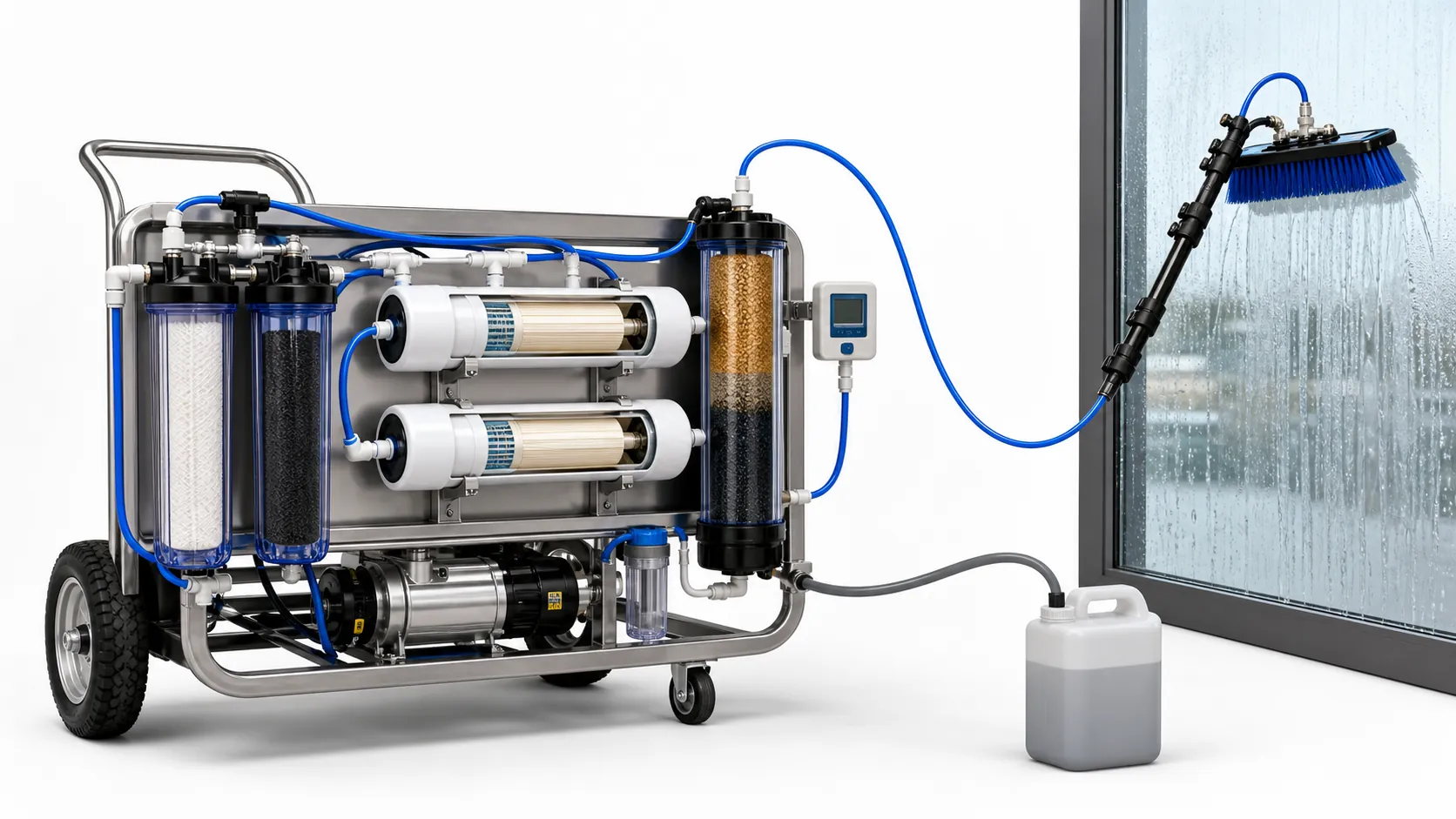 Sistema móvil de agua pura con prefiltros, membranas RO, depósito DI, medidor TDS y pértiga con agua