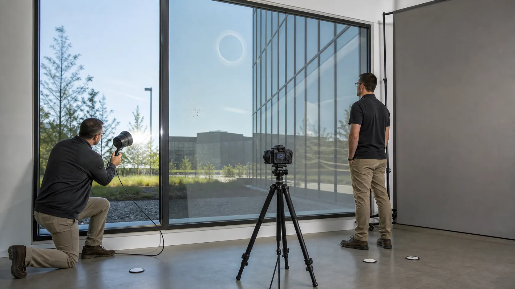 Restored-glass inspection with fixed observer positions, low-angle light, neutral backdrop, and tripod camera