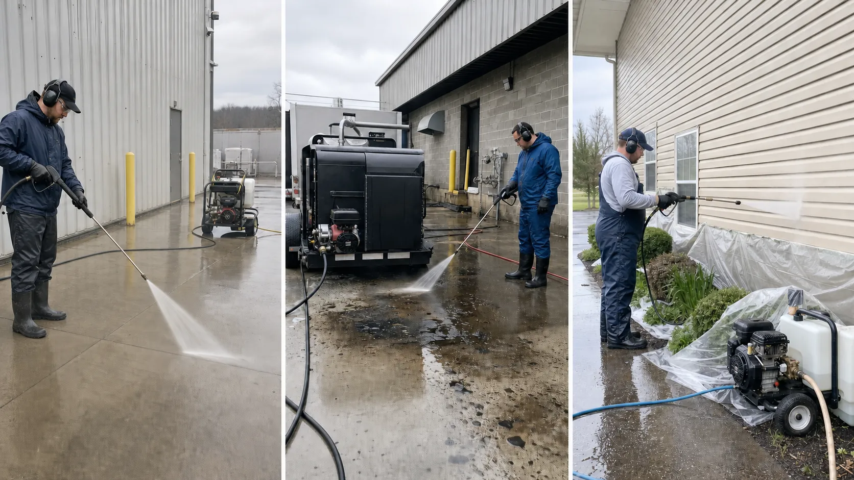 Three exterior-cleaning setups showing cold-water pressure washing, hot-water washing, and low-pressure chemical washing