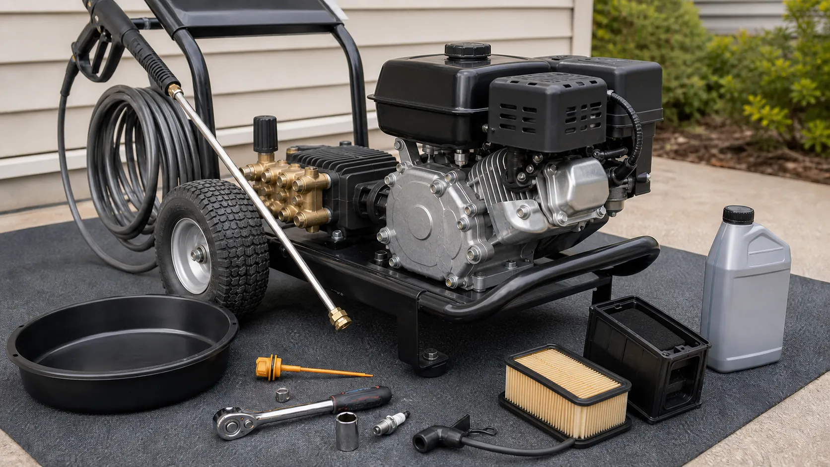 Gas pressure washer prepared for service with oil pan, dipstick, air filter, spark plug, and hand tools