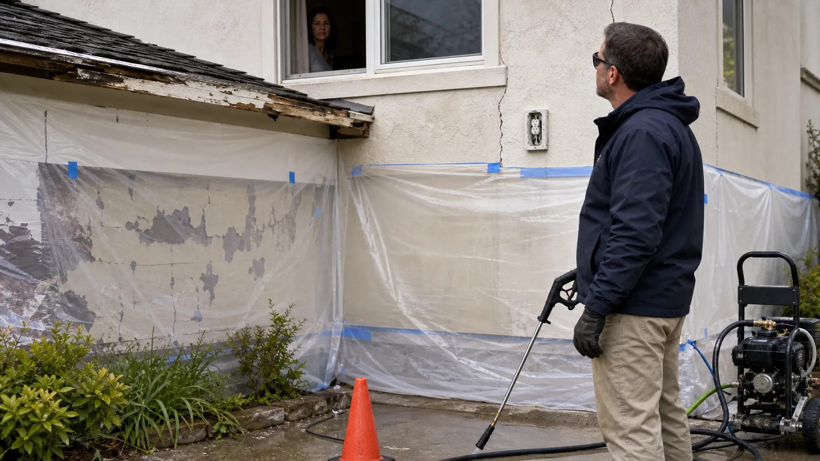Exterior-cleaning supervisor pausing pressure washing to assess peeling paint, cracked stucco, exposed receptacle, fragile roof edge, and an open occupied window