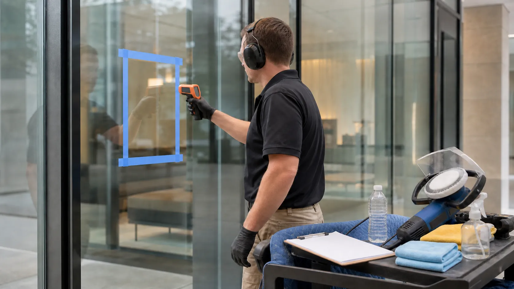 Technician documenting a small masked test area on architectural glass