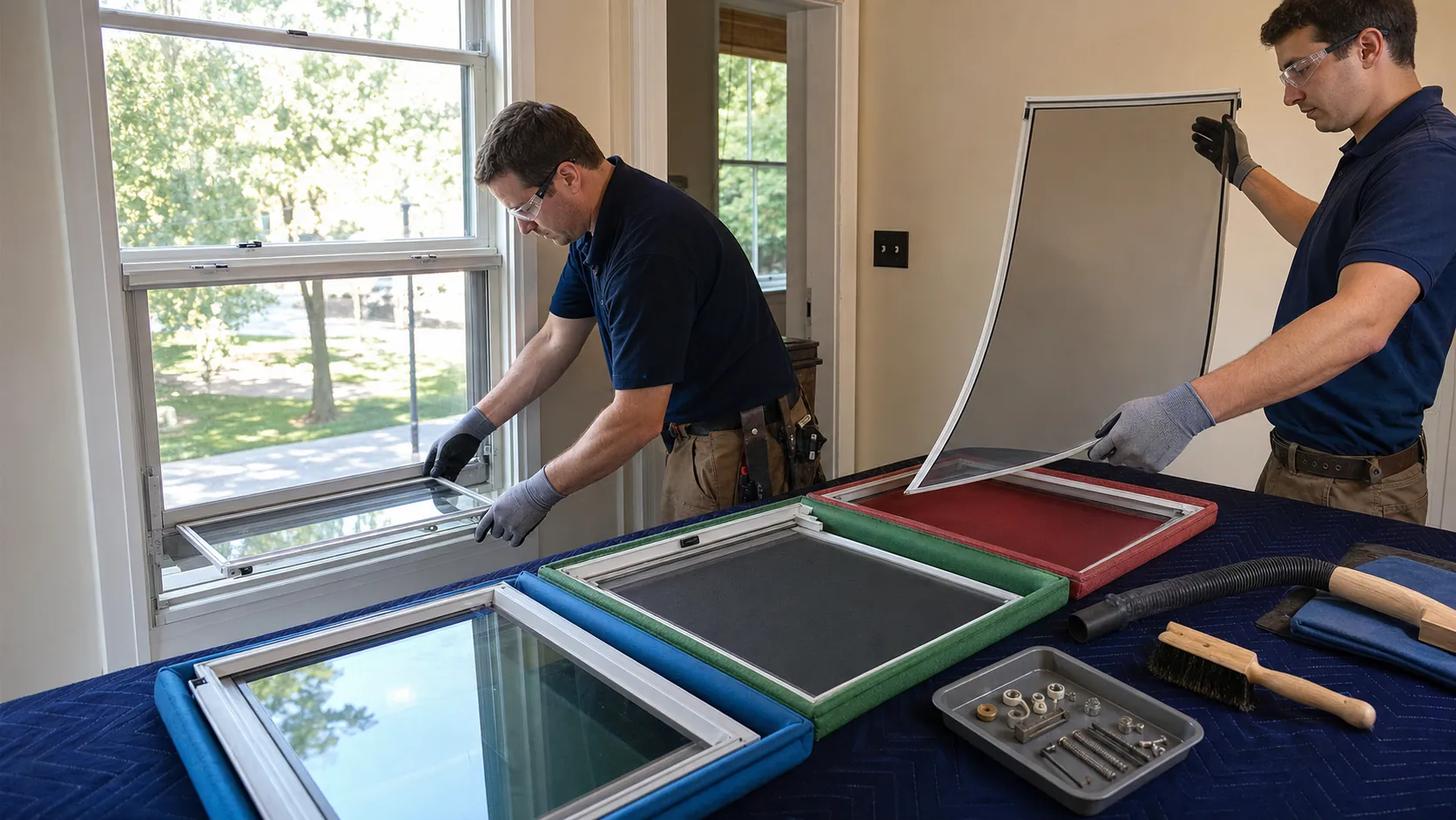 Two window technicians labeling storm panels and screens on a padded rack beside a small organized parts tray
