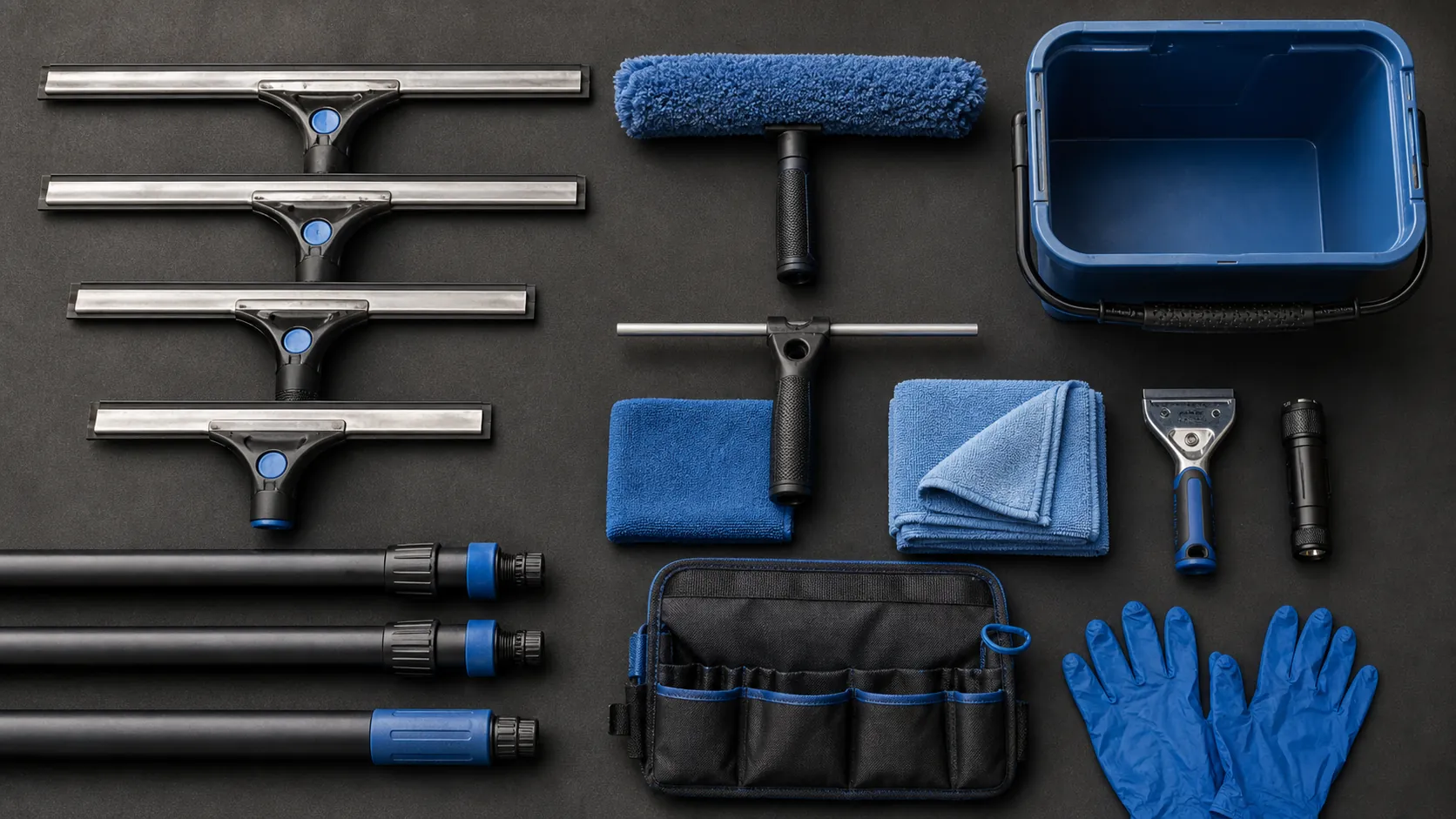 Professional window-cleaning tools arranged on a work surface