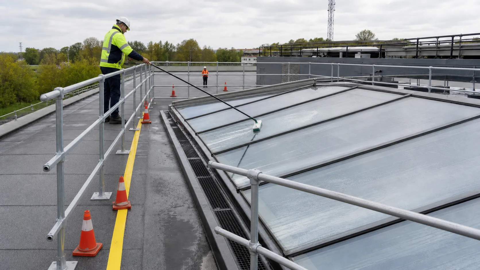 Technician cleaning a bank of sloped skylights from a protected roof walkway behind rigid guardrails without standing on glass