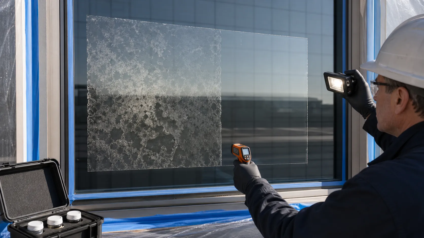 Glass restoration technician examining a cloudy acid-damaged test area with raking light and an infrared thermometer