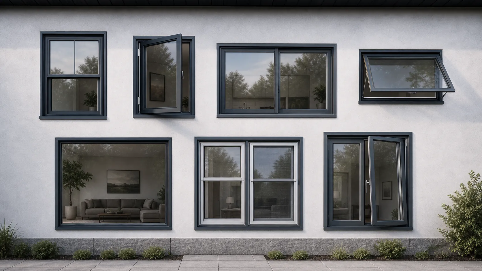 Seven residential window styles arranged across a modern exterior wall