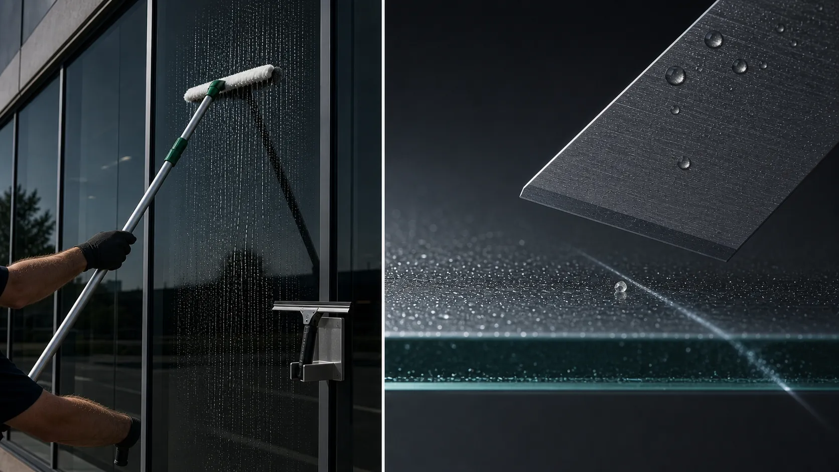 Routine washing of a tempered storefront beside a close view of a scraper approaching a tiny hard particle on wet glass