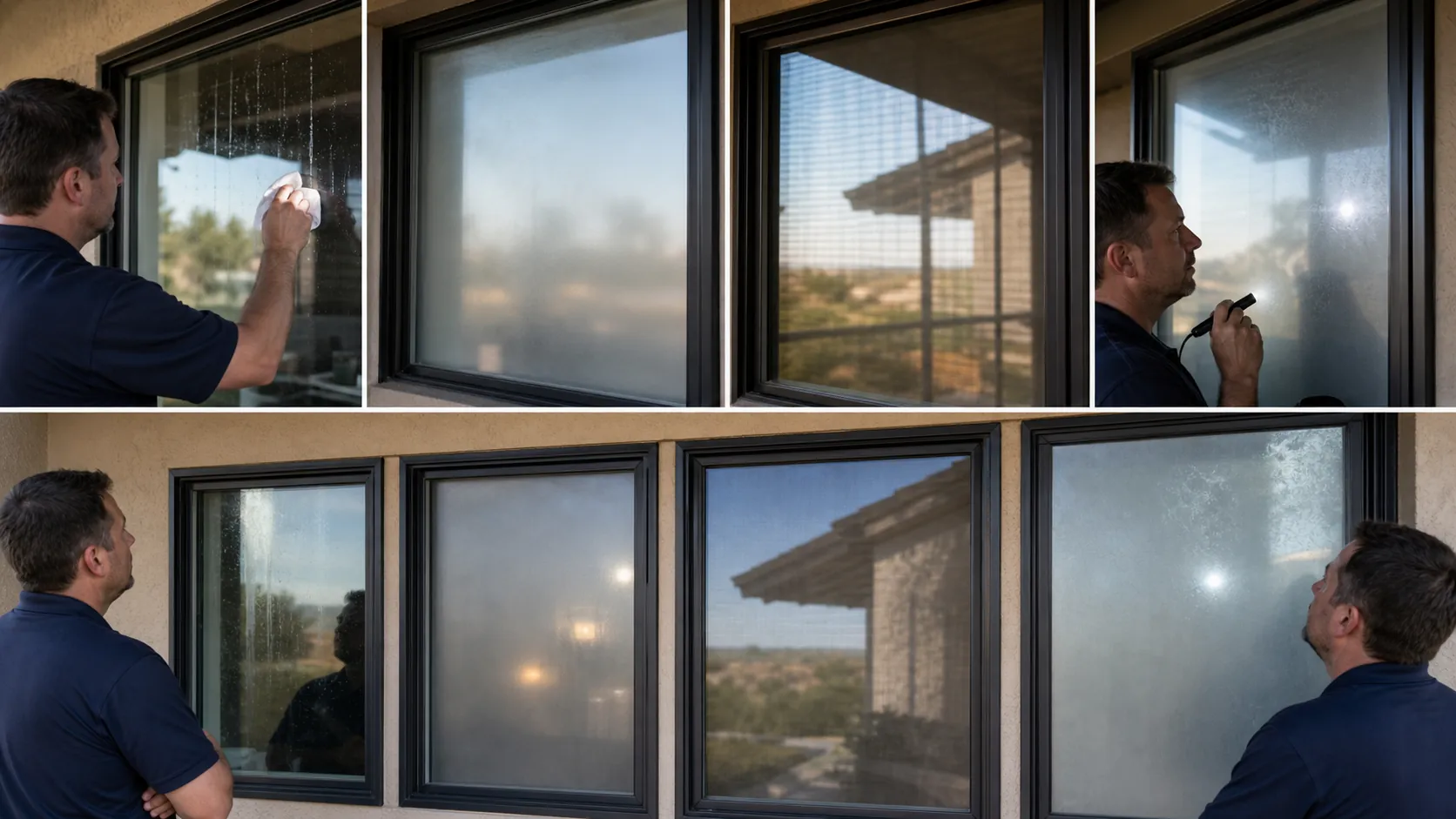 Technician comparing surface streaks, insulated-glass fog, a screen shadow, reflections, and permanent mineral haze across adjacent windows