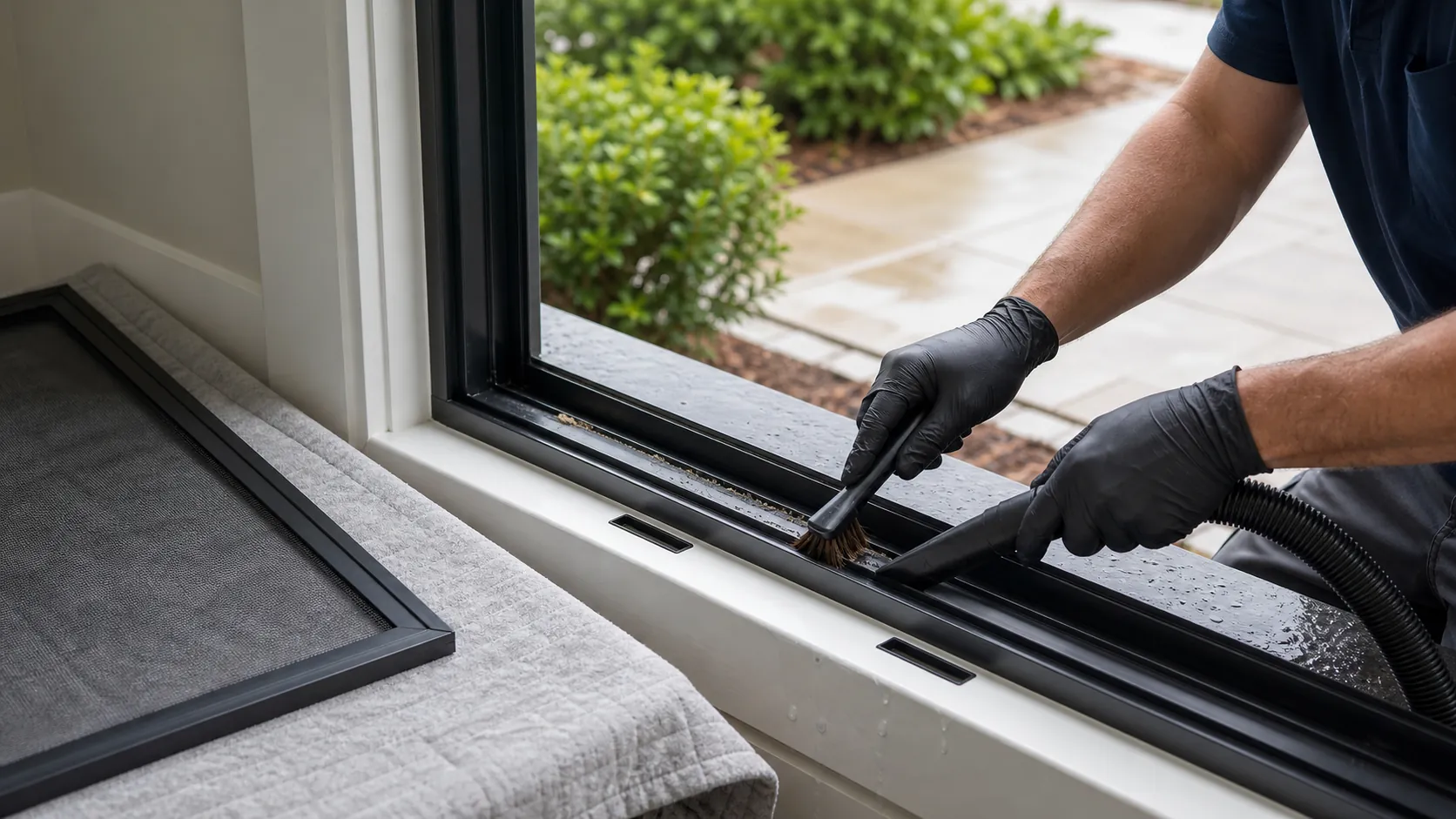Technician using a soft brush and narrow vacuum tool to clean a window track beside a protected insect screen