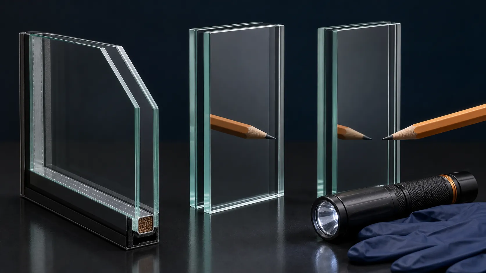 Insulating-glass and coated-glass samples with pencil reflection checks, inspection light, and gloves