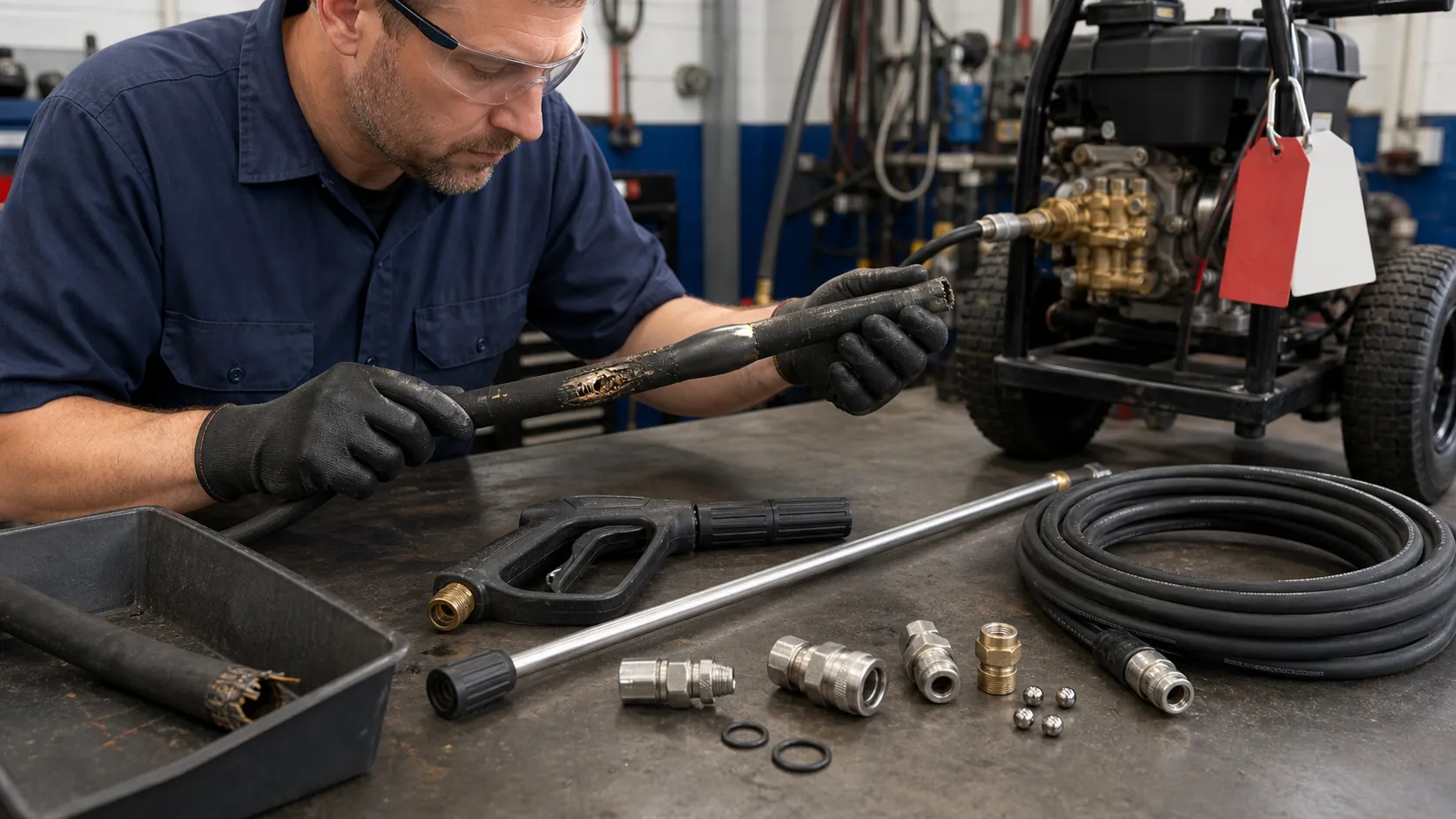 Technician inspecting a tagged-out damaged pressure-washer hose beside a spray gun, lance, couplers, and replacement seals