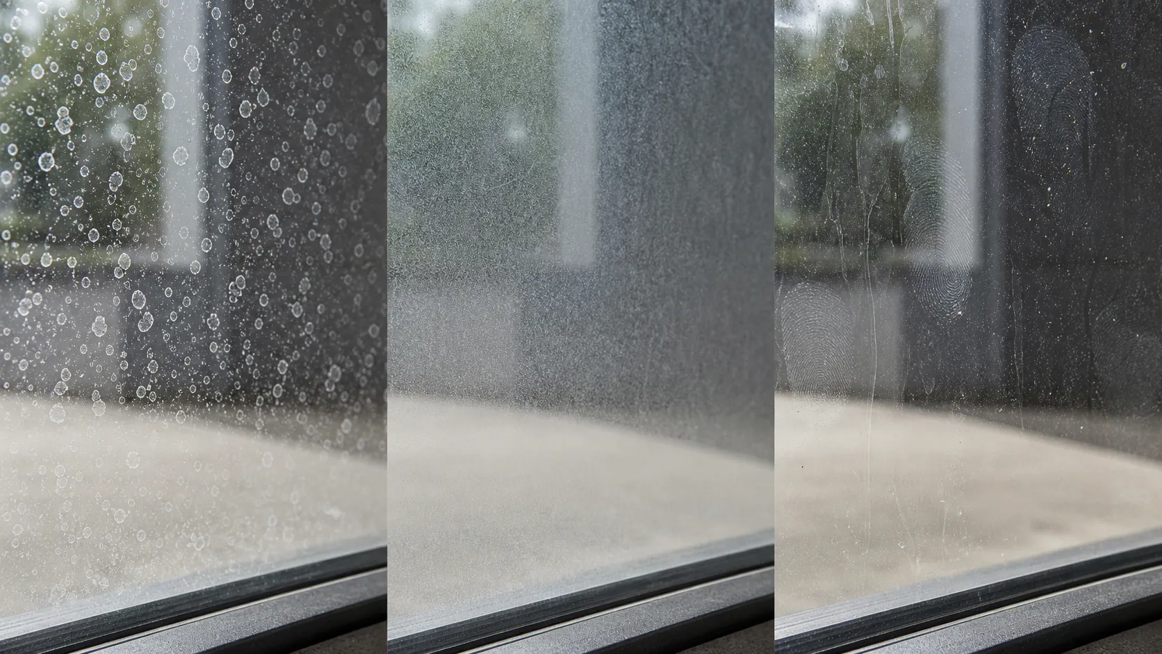Comparison of clear glass, mineral deposits, etched haze, and fog inside an insulating glass unit