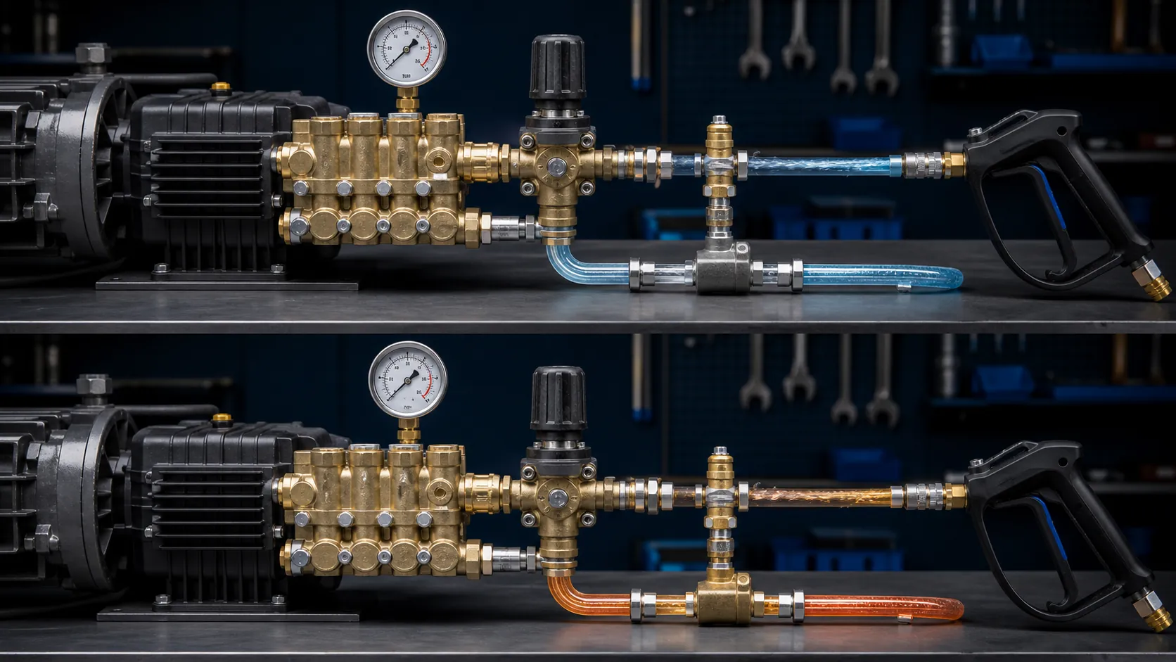 Two-state pressure-washer pump system showing cool water to the gun and warmer water circulating through the bypass loop