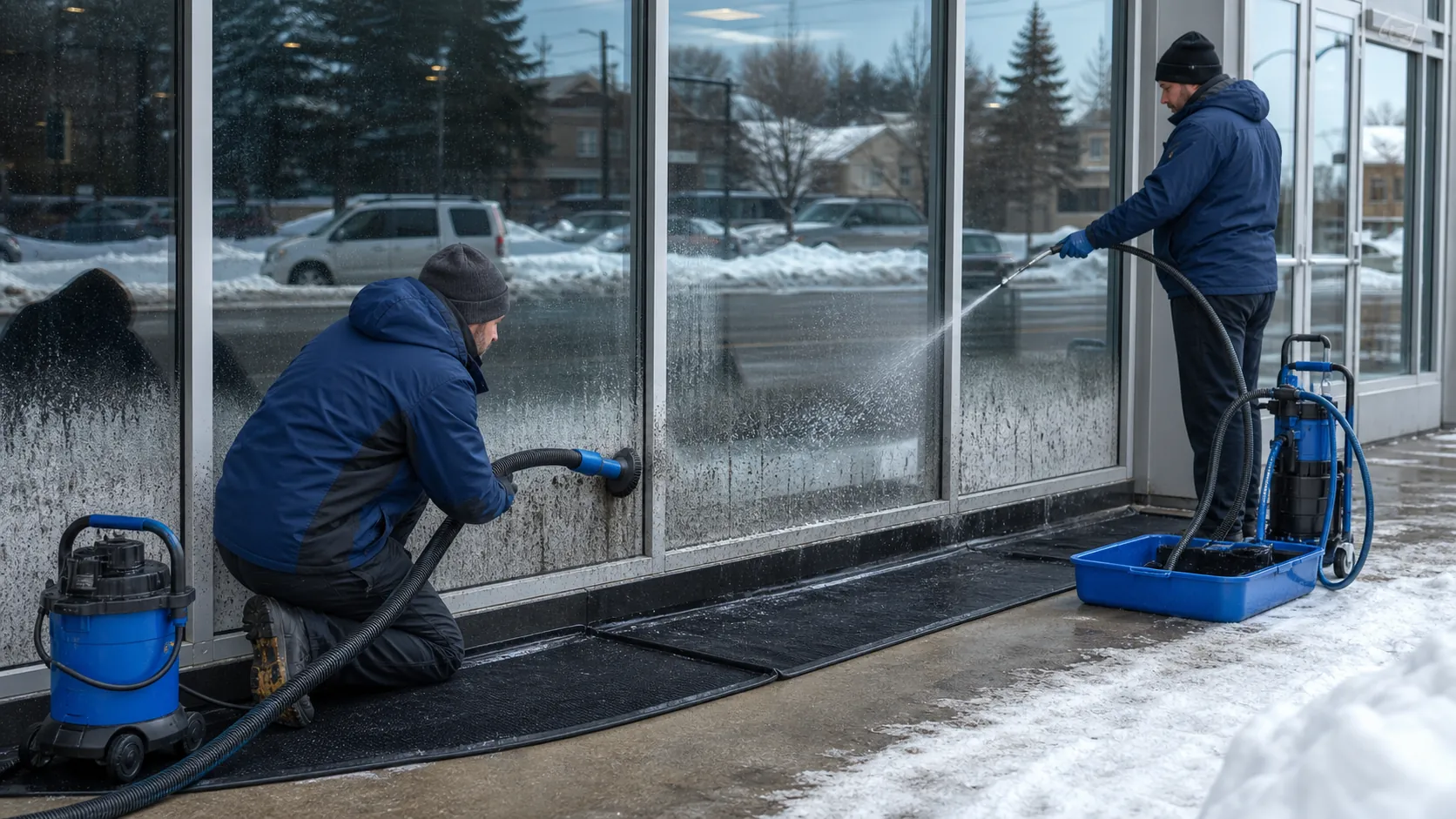 Winter window-cleaning crew removing dry grit and applying a controlled fresh-water rinse to salt-covered storefront glass with runoff collection mats