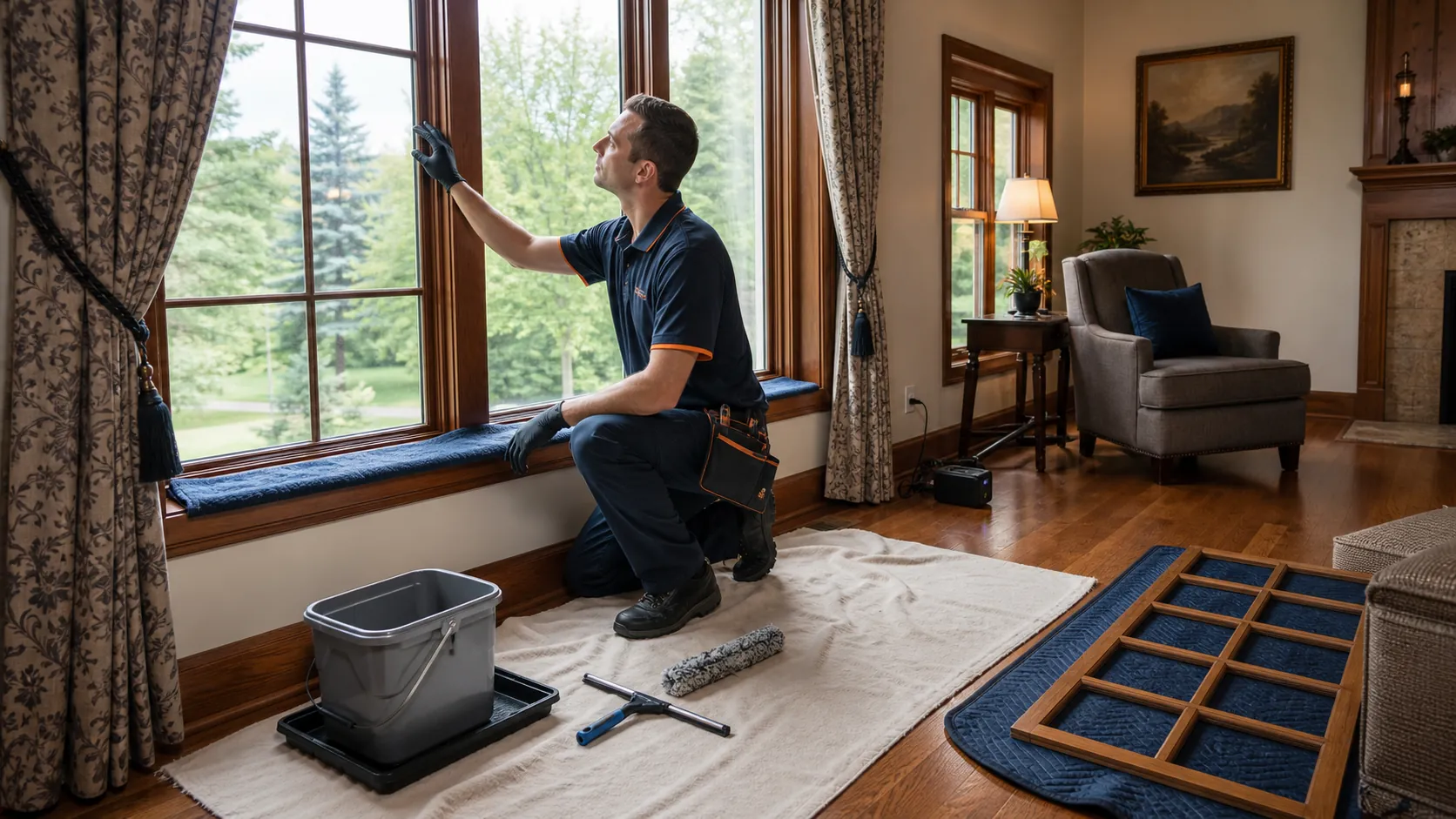 Interior window cleaner protecting hardwood and a wood sill with cloths, tool tray, tied curtains, and a padded area for a removable grille