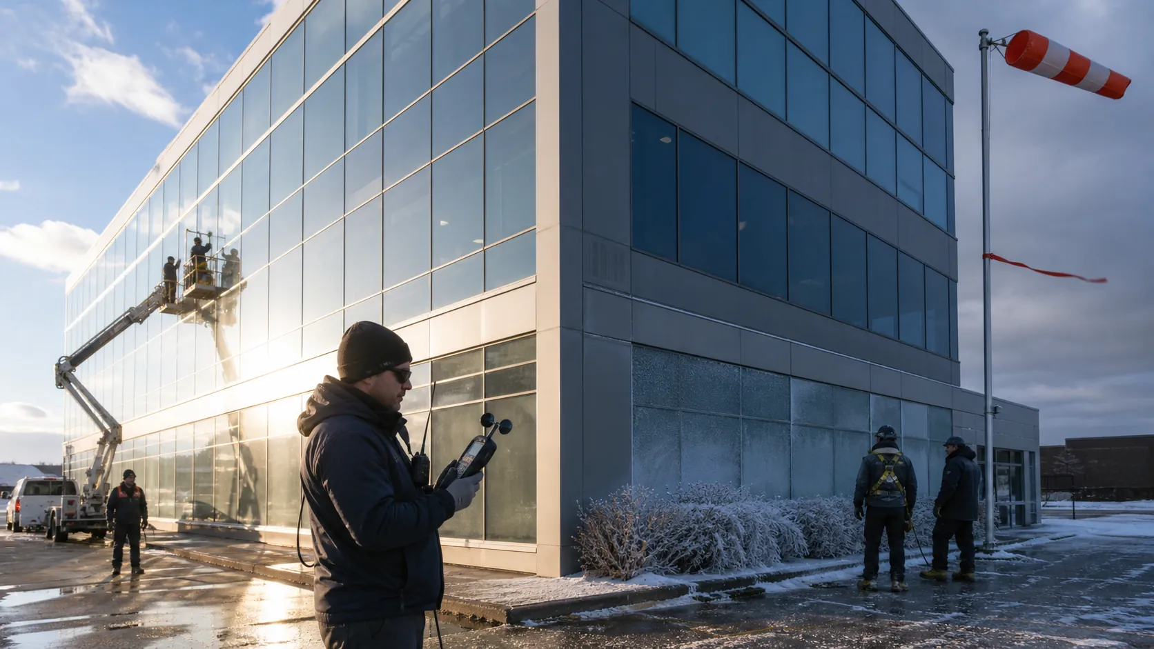 Window-cleaning supervisor comparing sunny, shaded, windy, and frosty sides of a building with field instruments