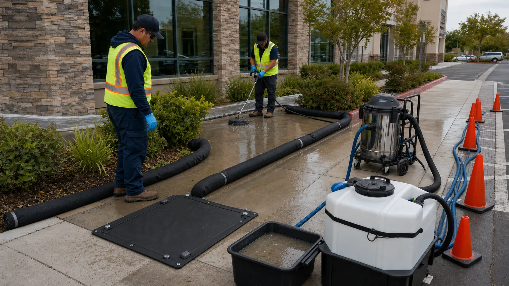 Commercial pressure-washing area contained with berms, a fully sealed storm-drain mat, wet vacuum, recovery tank, solids container, protected landscaping, and separated hoses