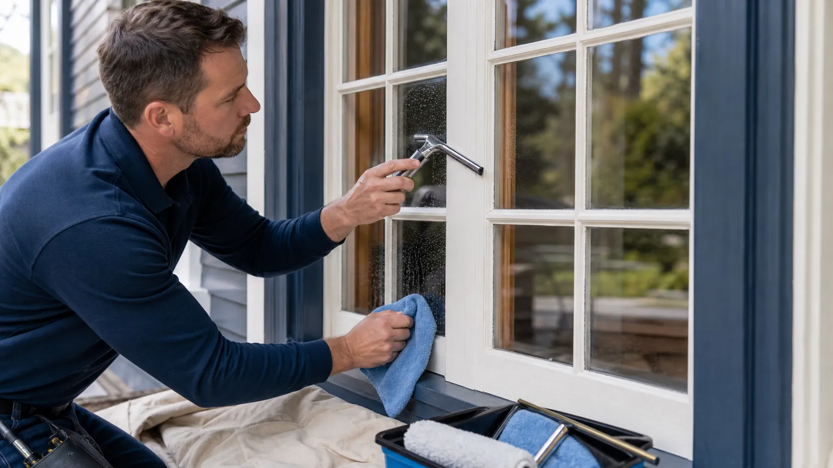 Window cleaner using a narrow squeegee and corner cloth on small divided-light panes while protecting painted muntins
