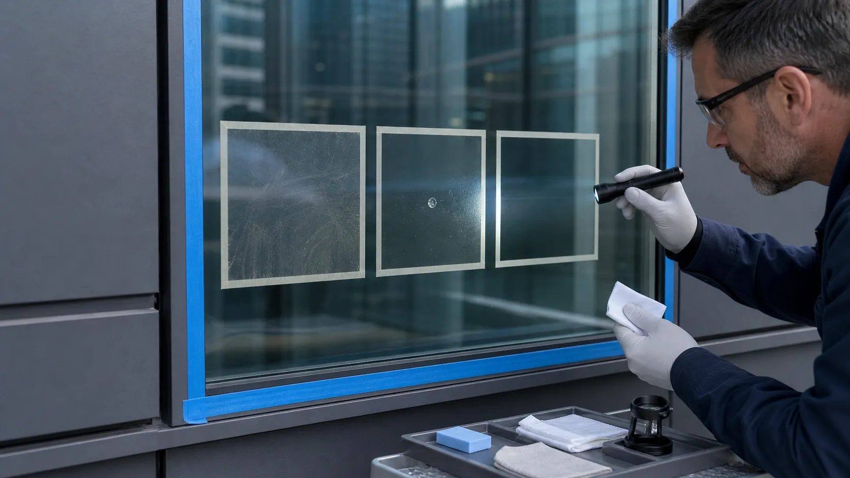 Glass specialist inspecting separate test areas with silicone haze, a cured droplet, and a clean control while the perimeter joint remains protected