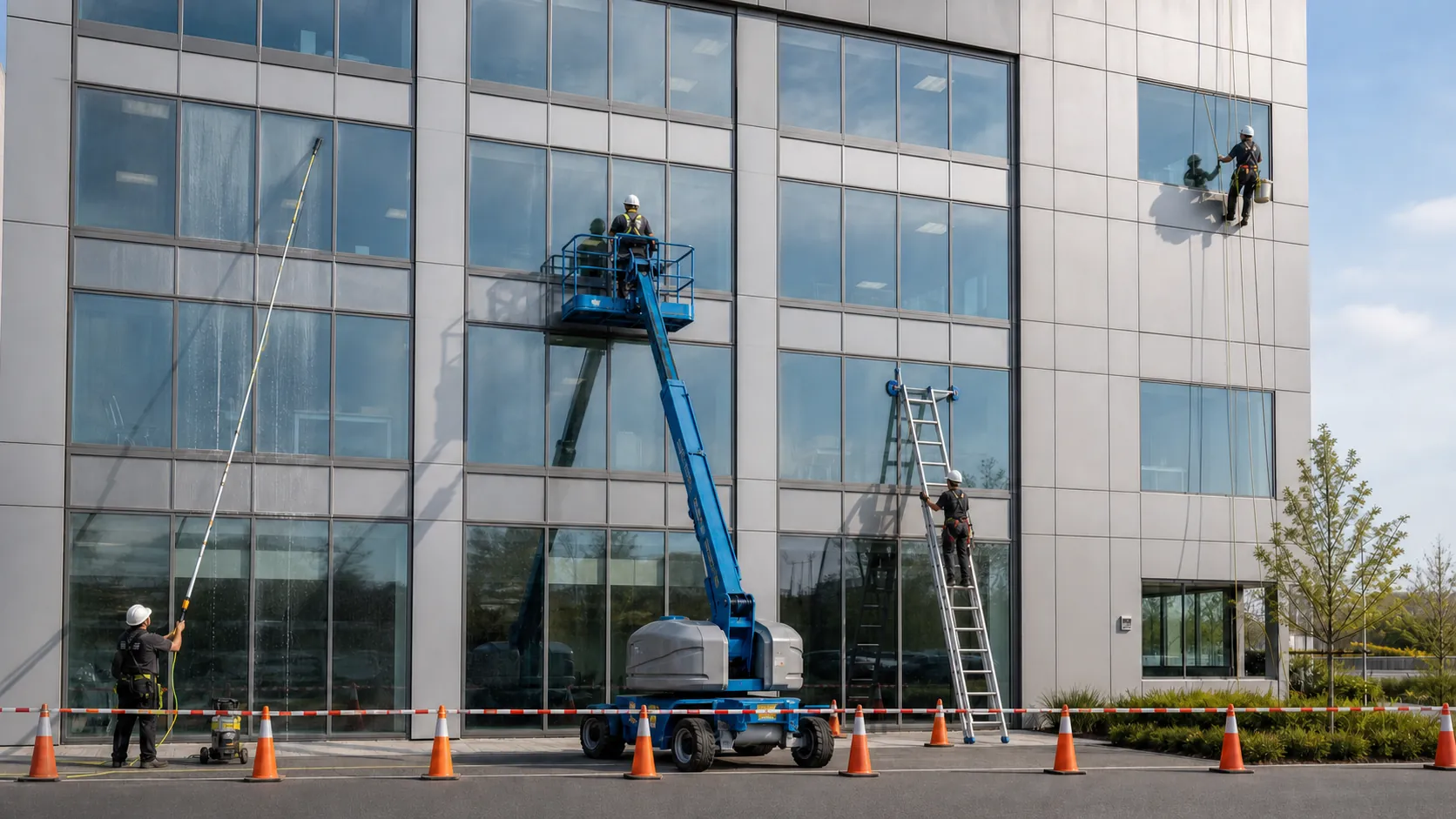 Exterior glass elevation with separate work zones for a water-fed pole, mobile lift, secured ladder, and trained rope-descent technician