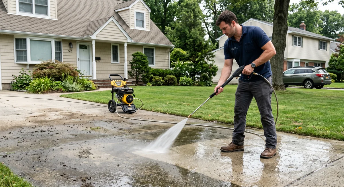 Technician power washing a residential driveway.