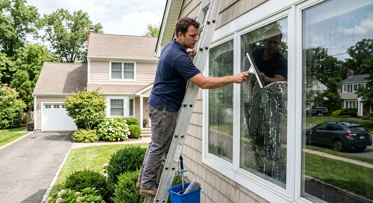 Technician cleaning residential exterior windows from a ladder.